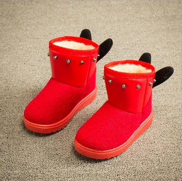2015冬季女童雪地靴保暖加绒棉鞋中筒靴可爱圈圈毛短靴男童鞋包邮