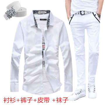 男装2015新款秋季衬衫长袖男士衬衣白色牛仔长裤一套装男秋天衣服