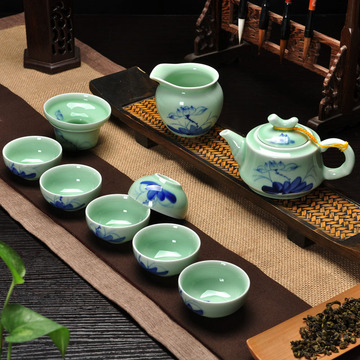 高白陶瓷 手绘功夫薄胎青瓷整套功夫茶具 高档手绘茶具 青瓷茶具