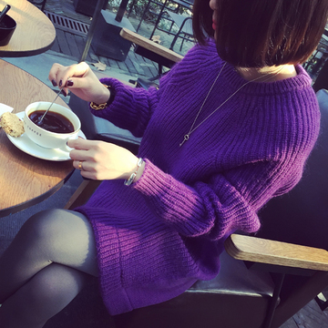 2015韩版秋冬新款圆领套头宽松显瘦中长款紫色针织毛衣连衣裙女潮