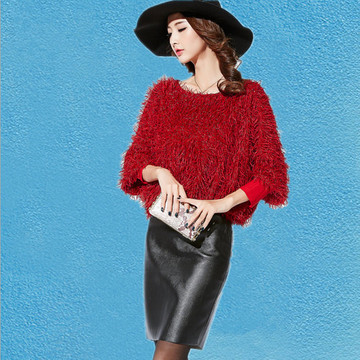 2015冬季新款韩版时尚套头针织衫宽松毛衣+PU包臀裙气质两件套潮