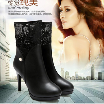 2015韩版秋冬新款蕾丝高跟中筒靴防水台马丁靴细跟性感短靴侧拉链