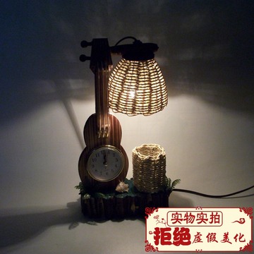 木质台灯床头灯复古台灯摆件卧室创意居家装饰个性小提琴带闹钟