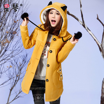 星琴少女冬装2015新款 韩版高中学生中长款毛呢外套大衣加厚绒衣