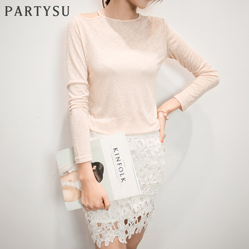 partysu2015秋季新款韩版针织打底衫女长袖空调衫薄款紧身体恤