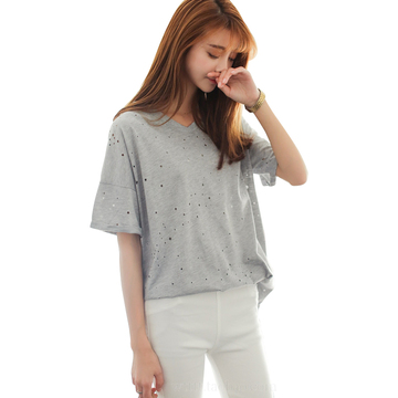 2015夏季新款韩版短袖休闲宽松纯色破洞小v领大码纯棉t恤上衣女潮