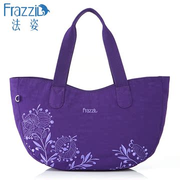 Frazzil/法姿尼龙单肩包女新款大容量手提包紫色刺绣帆布包女