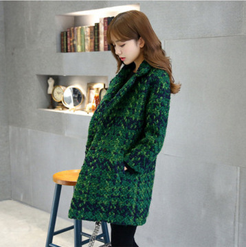 DaisyYa外套 2015冬季新款女装韩版潮流中长款红绿针织毛呢料大衣