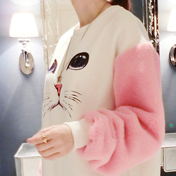 2015秋装新款韩版时尚气质宽松毛毛绒拼接廓形加厚长袖套头卫衣女