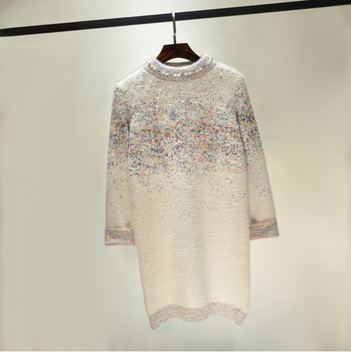 2015秋装新 韩国时尚潮流喷漆彩点珍珠装饰中长款马海毛长毛衣女