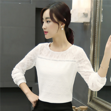 长袖蕾丝衫2016秋装韩版女士白色修身圆领雪纺衫小衫女上衣打底衫