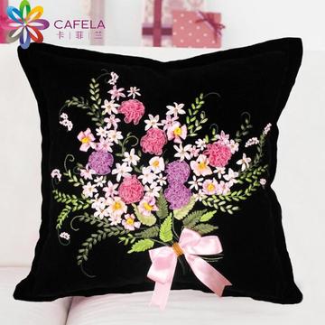 卡菲兰正品丝带绣黑色抱枕3D十字绣植物花卉新款客厅沙发靠垫靠枕