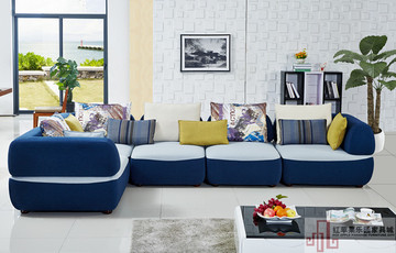 客厅家具 蓝白棉麻布艺沙发随意组合彩色布沙发 简约休闲转角沙发