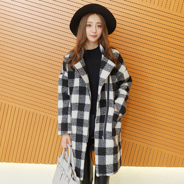 2015冬季保暖新品韩版毛呢外套格子中长款大衣宽松时尚茧型大码潮