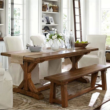loft美式复古实木餐桌椅长方形原木餐桌会议桌 办公桌工作台书桌