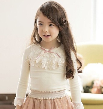韩国童装2015女童春装全棉百搭蕾丝花边长袖T恤 儿童甜美打底衫