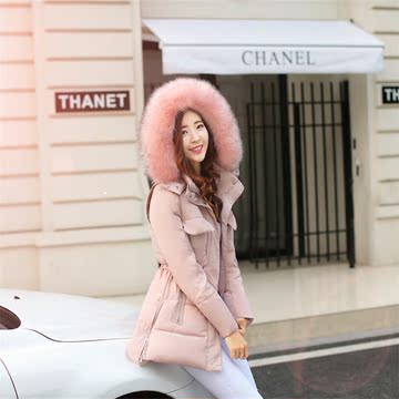 韩版2015新款冬季外套大码棉衣女中长款修身连帽毛领棉服女式棉袄