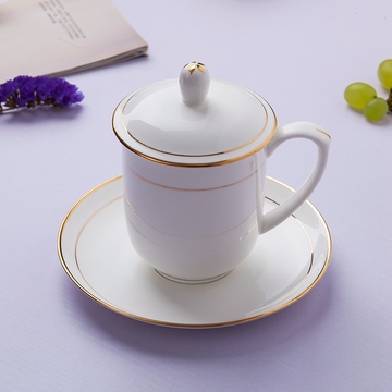 景德镇茶杯陶瓷带盖手绘金色骨瓷水杯办公会议金边杯子定制LOGO