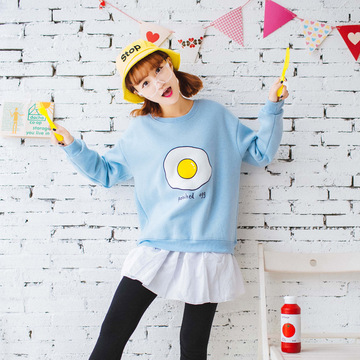 2015秋装森女系韩版新款少女学生装可爱鸡蛋黄宽松加绒卫衣外套潮