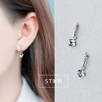 ST饰物 925纯银极光透明水晶耳钉吊坠短款简约锆石小耳坠女生耳环