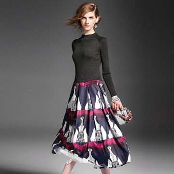 2015秋季新款女装 欧美气质立领长袖针织拼接印花抽褶大摆连衣裙