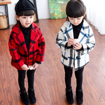 女童秋装外套2015新款韩版宝宝儿童格子毛呢外衣冬款时尚上衣大衣