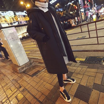 2015韩国代购连帽棉衣双拉链个性桃皮绒内衬长款过膝棉衣潮