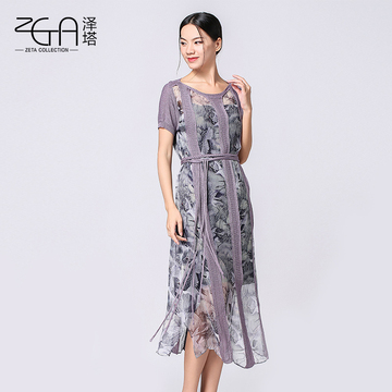 ZETA原创设计2016夏新款真丝印花连衣裙中长款拼接针织两件套30+