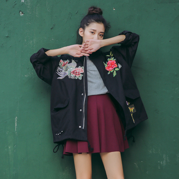民族风刺绣风衣女学生2016秋季韩版复古贴布宽松bf工装外套中长款