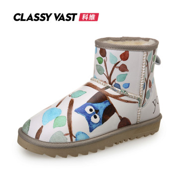 CLASSYVAST科维冬季羊毛加厚平底平跟短筒棉鞋涂鸦卡通女雪地靴