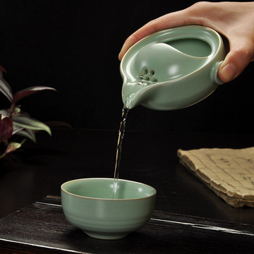 盂方 汝窑快客杯 一壶一杯 创意旅行陶瓷功夫茶具 小茶壶茶杯套装