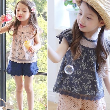 2015韩国童装 女童短袖t恤夏款萝莉碎花荷叶飞袖纯棉韩版儿童上衣