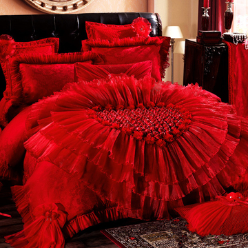 栋轩家纺 婚庆床品蕾丝多件套 结婚婚庆床上用品十一件套 大红