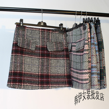 2015秋冬季韩版新款格子条纹毛呢高腰短裙修身显瘦包臀半身裙女