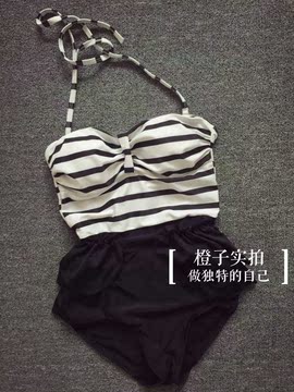 韩国Stylenanda高腰条纹复古温泉泳装显瘦遮肚连体荷叶边女泳衣