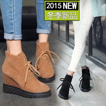2015冬季新款韩版简约舒适磨砂真皮纯色系带简约厚底高跟坡跟短靴