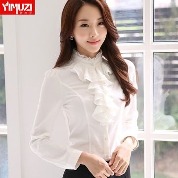 职业装2015秋装女装新款韩版ol女性时尚修身立领长袖打底衫白衬衫