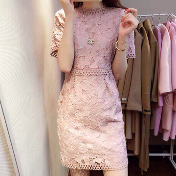 格美伊2015小香风夏季女装韩版新款气质修身蕾丝镂空圆领连衣裙