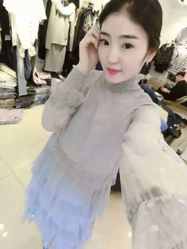 2016春装新款韩版波点雪纺蕾丝拼接连衣裙中长款大码显瘦打底衫