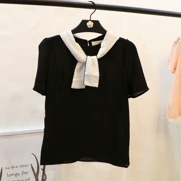 2016夏季新款韩版女装圆领泡泡袖宽松休闲性感雪纺衫纯色短袖女