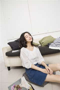 迷栗 韩国单 度假风白色蕾丝系带流苏圆领衬衣上衣 2015秋季新品