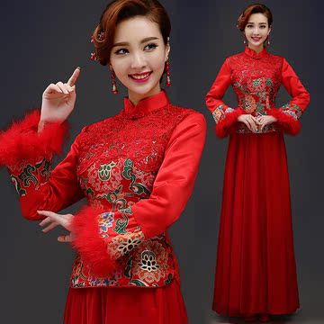 2015新款冬季旗袍礼服红色改良复古结婚敬酒服婚礼长袖夹棉新娘装