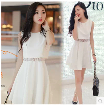 2015夏季新款韩版女装修身显瘦假两件无袖蕾丝拼接雪纺连衣裙女潮