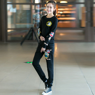 欧洲站2016秋季印花休闲圆领卫衣运动套装女学生韩版运动服两件套
