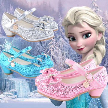新款儿童艾莎公主鞋灰姑娘水晶亮片蓝粉银色高跟单鞋女童春秋皮鞋