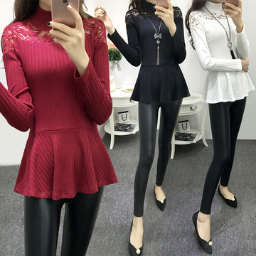 2016春季新款韩版女装显瘦收腰长袖蕾丝拼接打底衫加厚针织衫