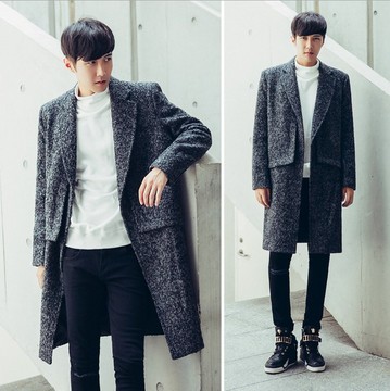 韩国代购羊毛呢大衣男韩版英伦青年修身型长款风衣冬季毛呢外套潮