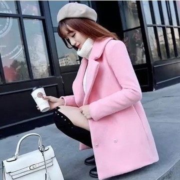 韩国代购2015秋冬装新韩加厚中长款粉色毛呢外套修身呢子大衣女潮