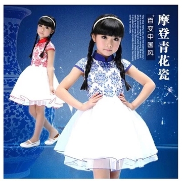 儿童演出服装女童古筝民族舞蹈表演服中国结风青花瓷蓬蓬裙公主裙
