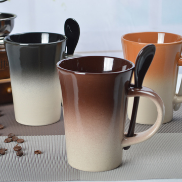 纯色渐变简约星巴克咖啡杯 创意马克杯杯子陶瓷杯情侣水杯带盖勺
